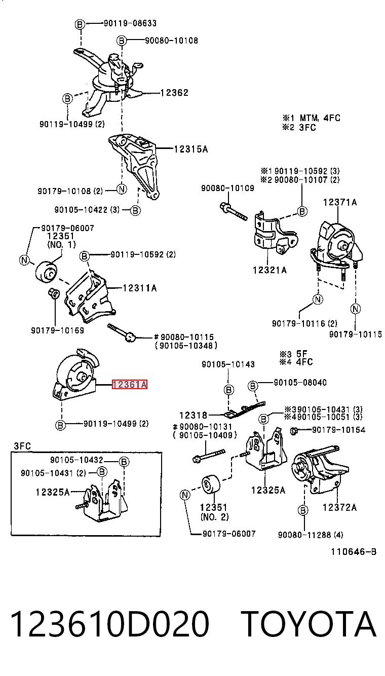 123610D020 Toyota Coxim (suporte) dianteiro de motor