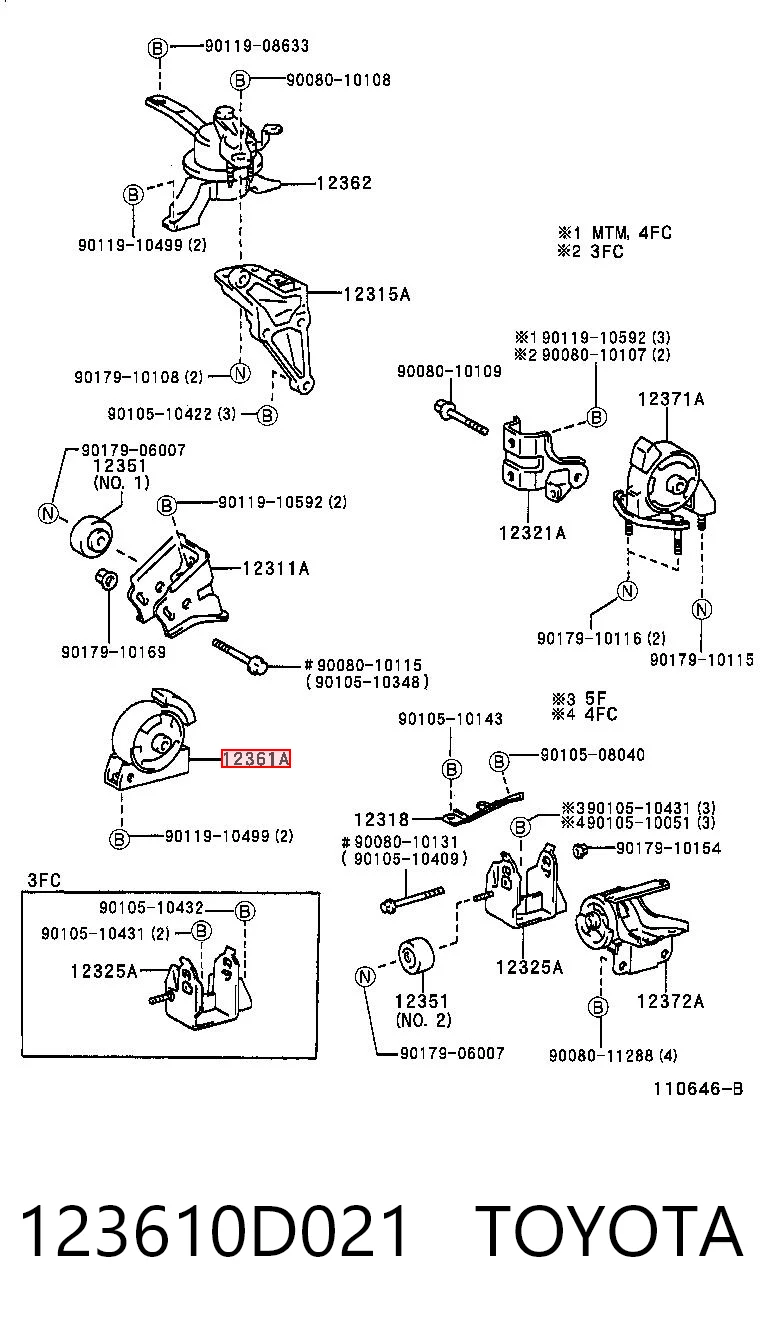 123610D021 Toyota Coxim (suporte) dianteiro de motor