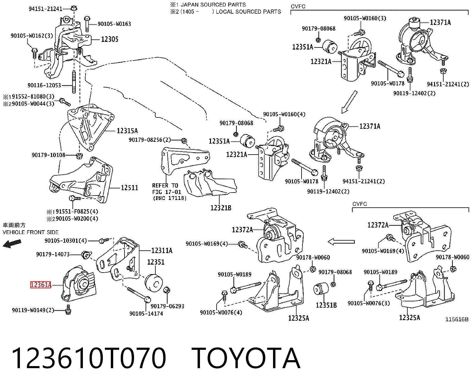 123610T070 Toyota Coxim (suporte) dianteiro de motor