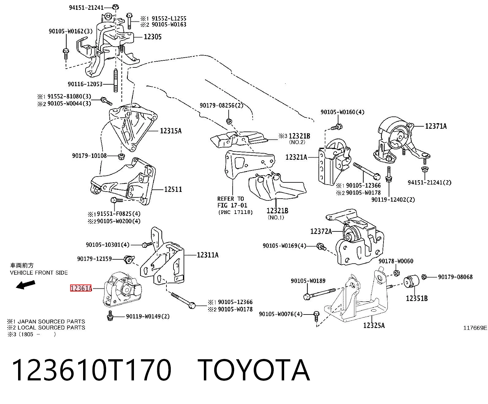 123610T170 Toyota Coxim (suporte) dianteiro de motor
