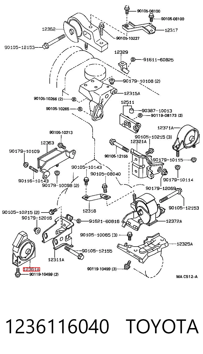 1236116040 Toyota Coxim (suporte) dianteiro de motor
