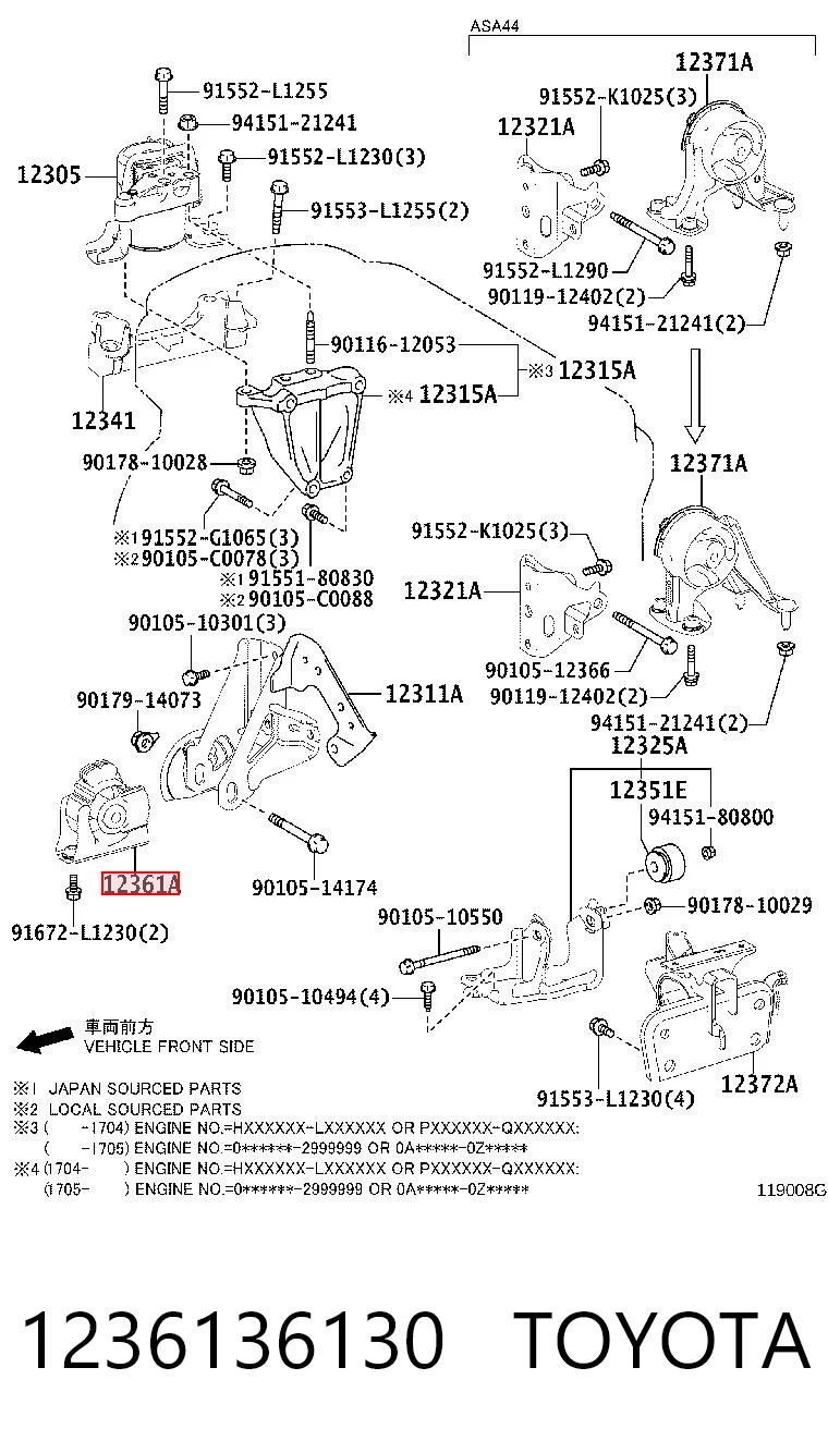 1236136130 Toyota Coxim (suporte) dianteiro de motor