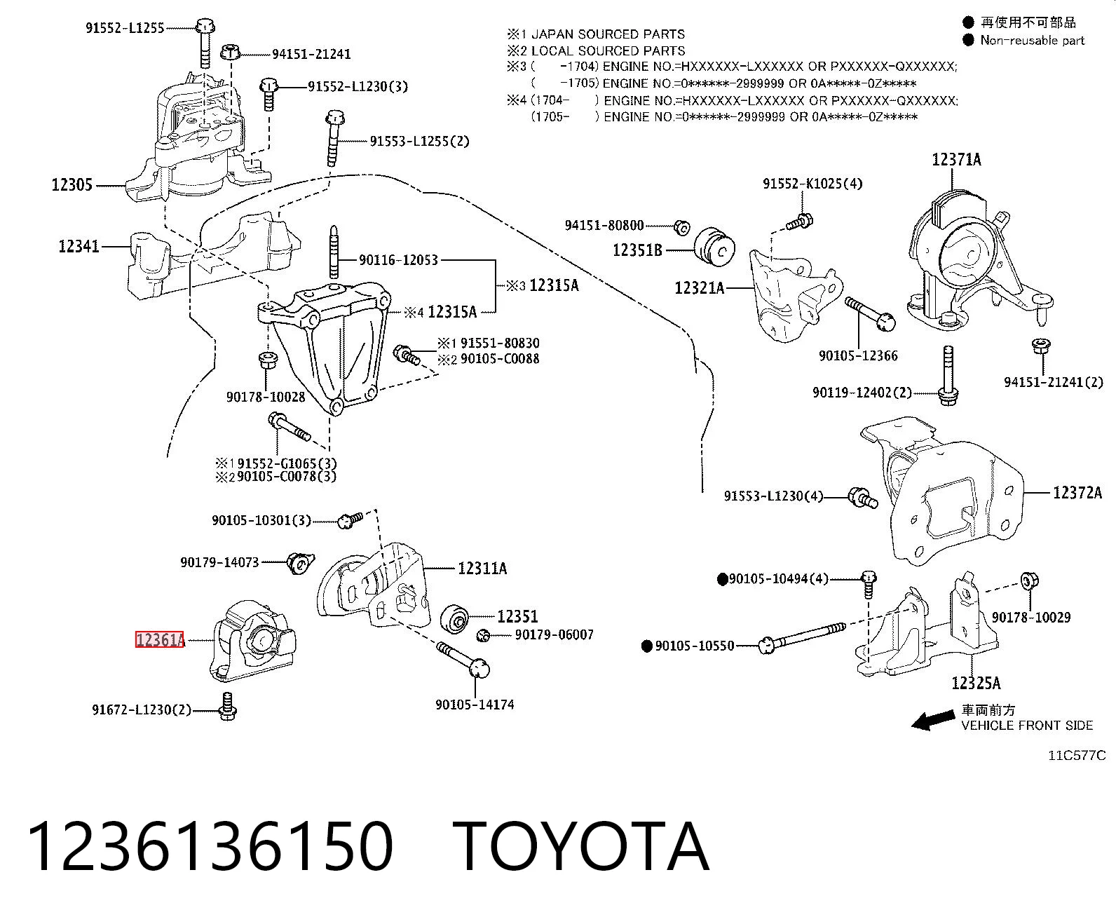 1236136150 Toyota Coxim (suporte) dianteiro de motor