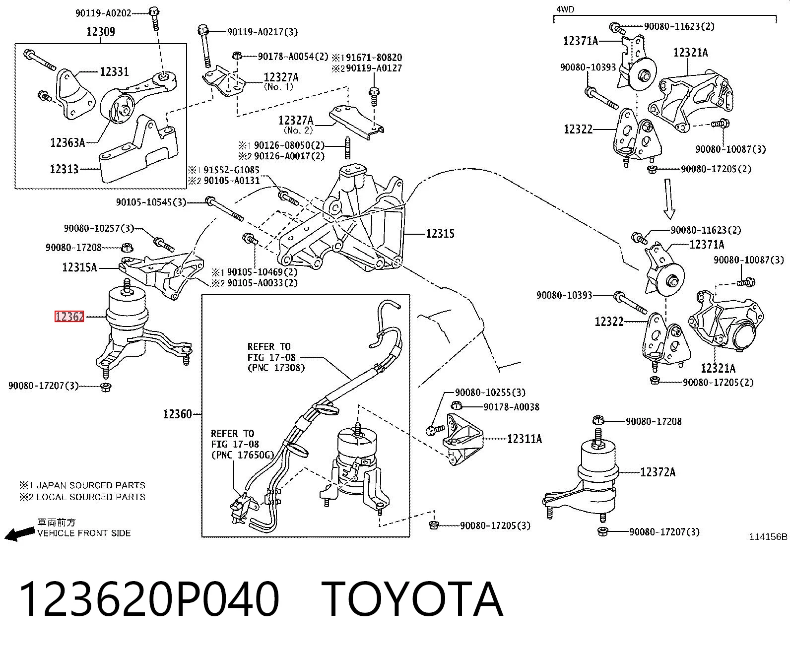 123620P040 Toyota Coxim (suporte) direito de motor