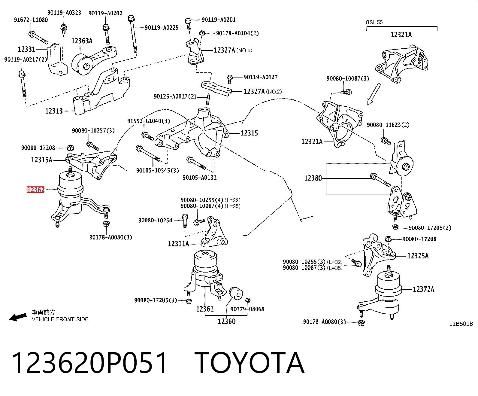 123620P051 Toyota Coxim (suporte) direito de motor