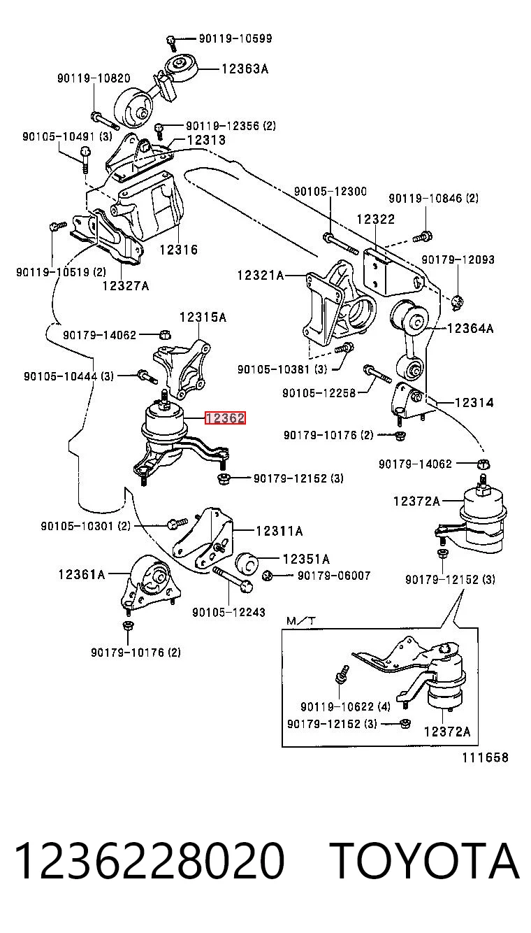 1236228020 Toyota Coxim (suporte) direito de motor