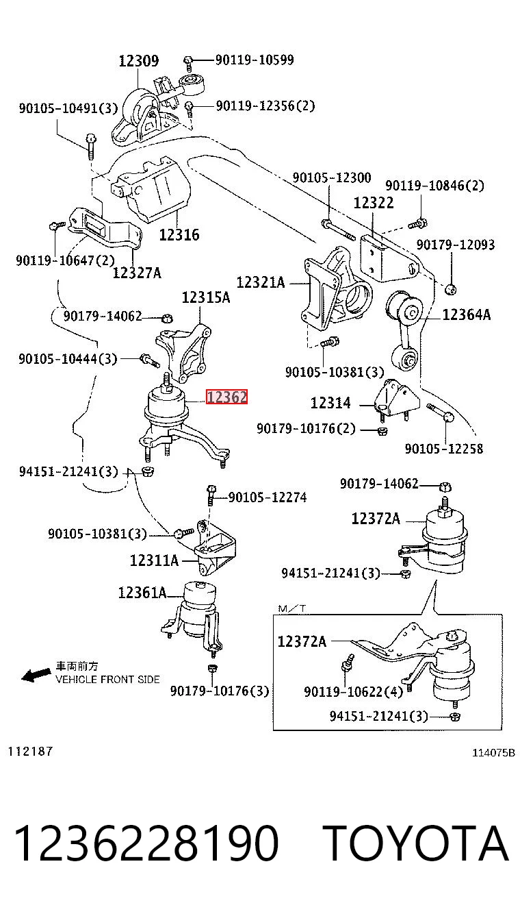 1236228190 Toyota Coxim (suporte) direito de motor