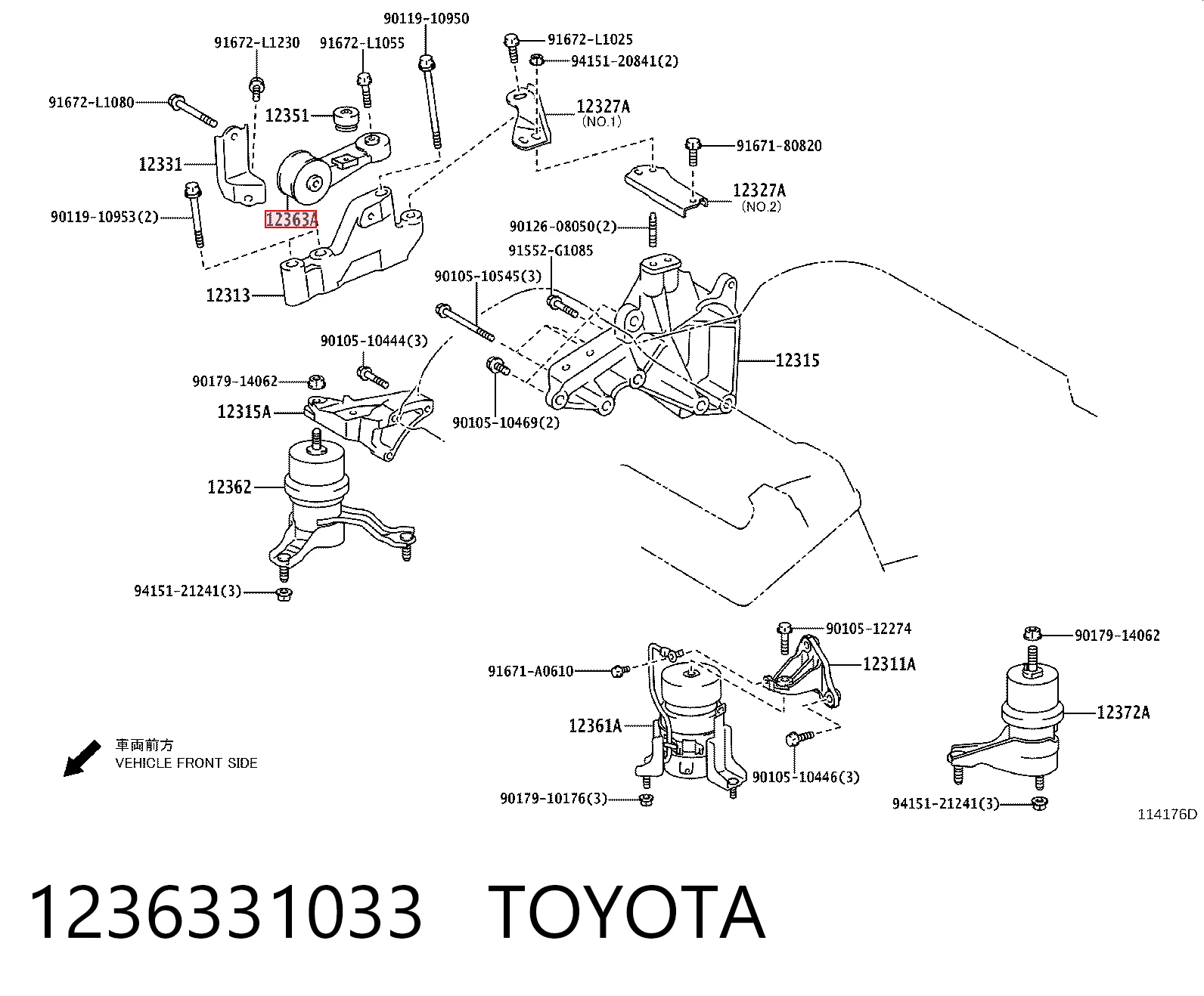 1236331033 Toyota Coxim (suporte) direito superior de motor