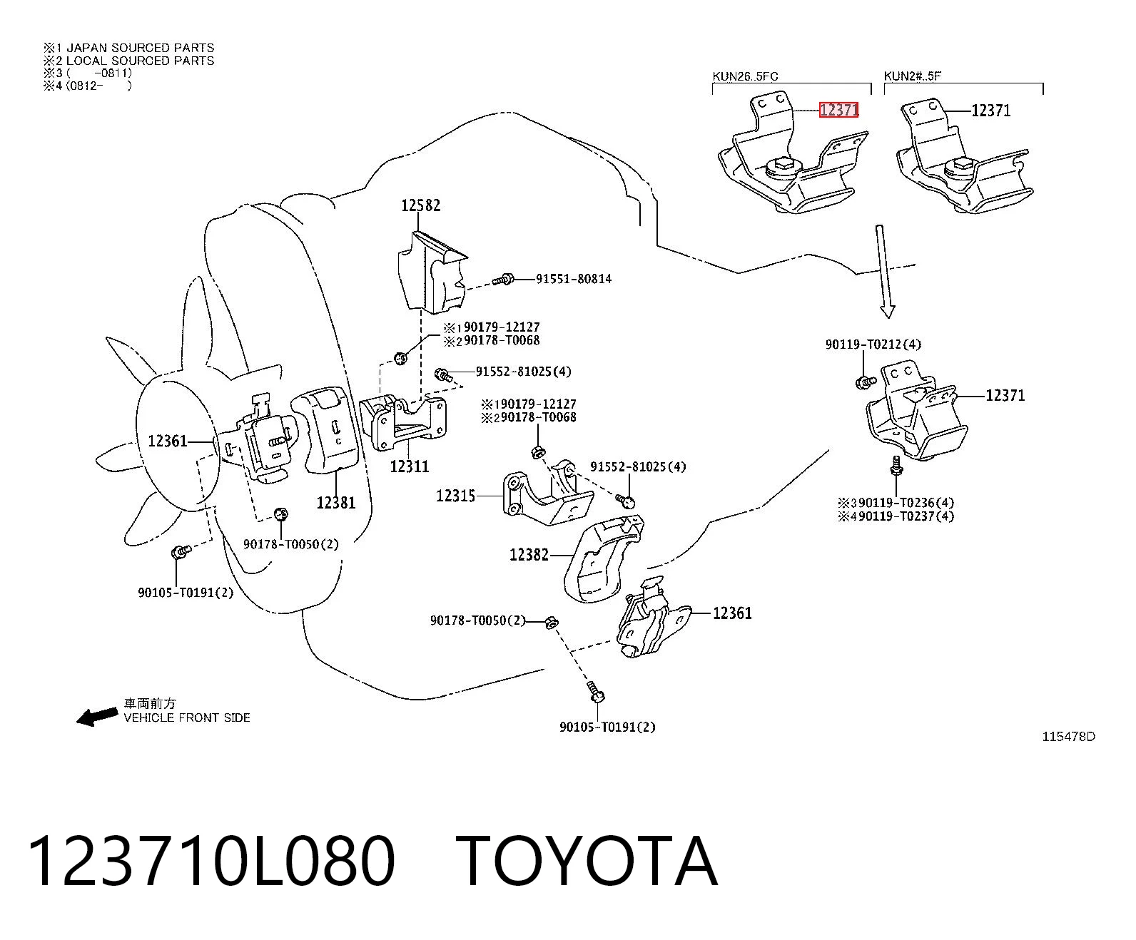 Coxim (suporte) traseiro de motor Toyota Hilux  KUN25