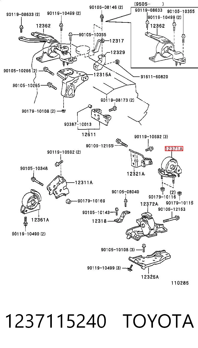 1237115240 Toyota Coxim (suporte) traseiro de motor