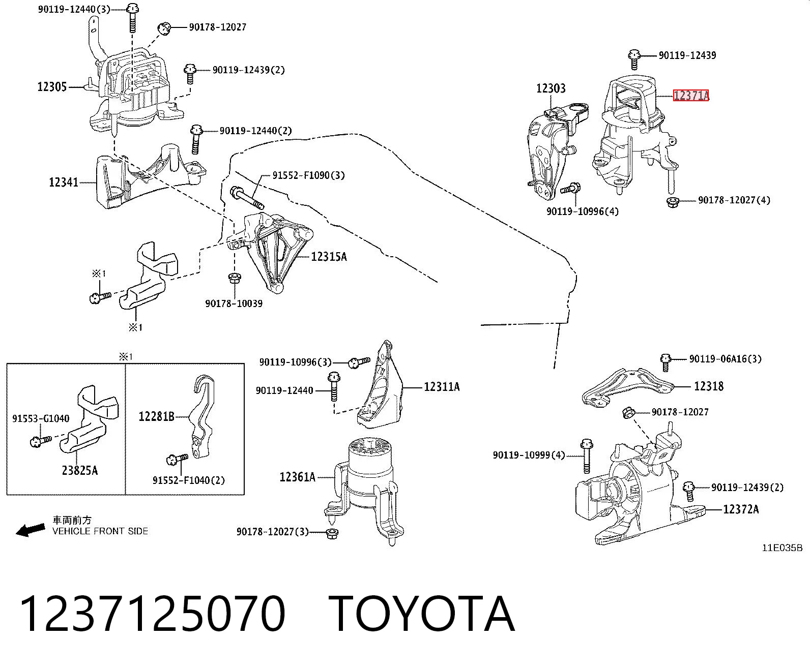 1237125070 Toyota Coxim (suporte) traseiro de motor