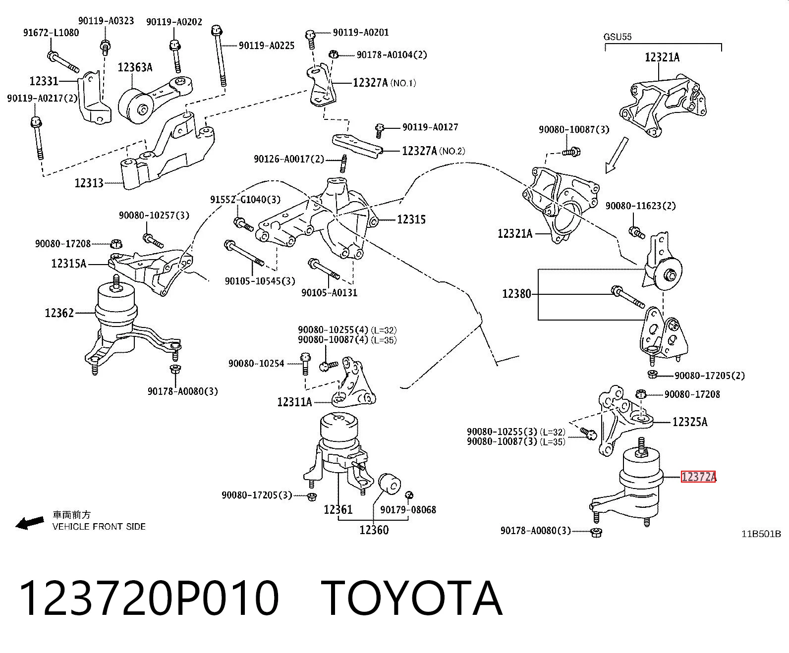 123720P010 Toyota Coxim (suporte) esquerdo de motor