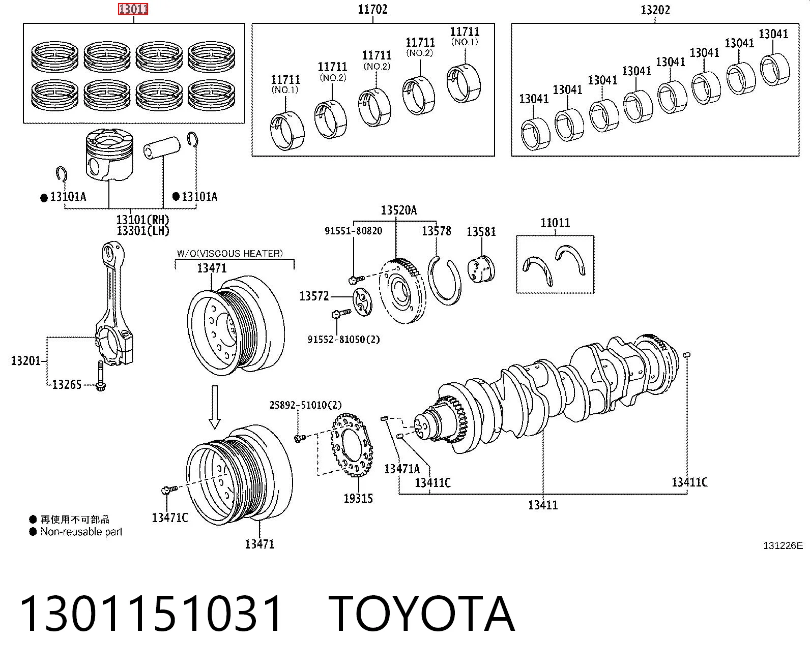 1301151031 Toyota Kit de anéis de pistão de motor, 1ª reparação ( + 0,25)