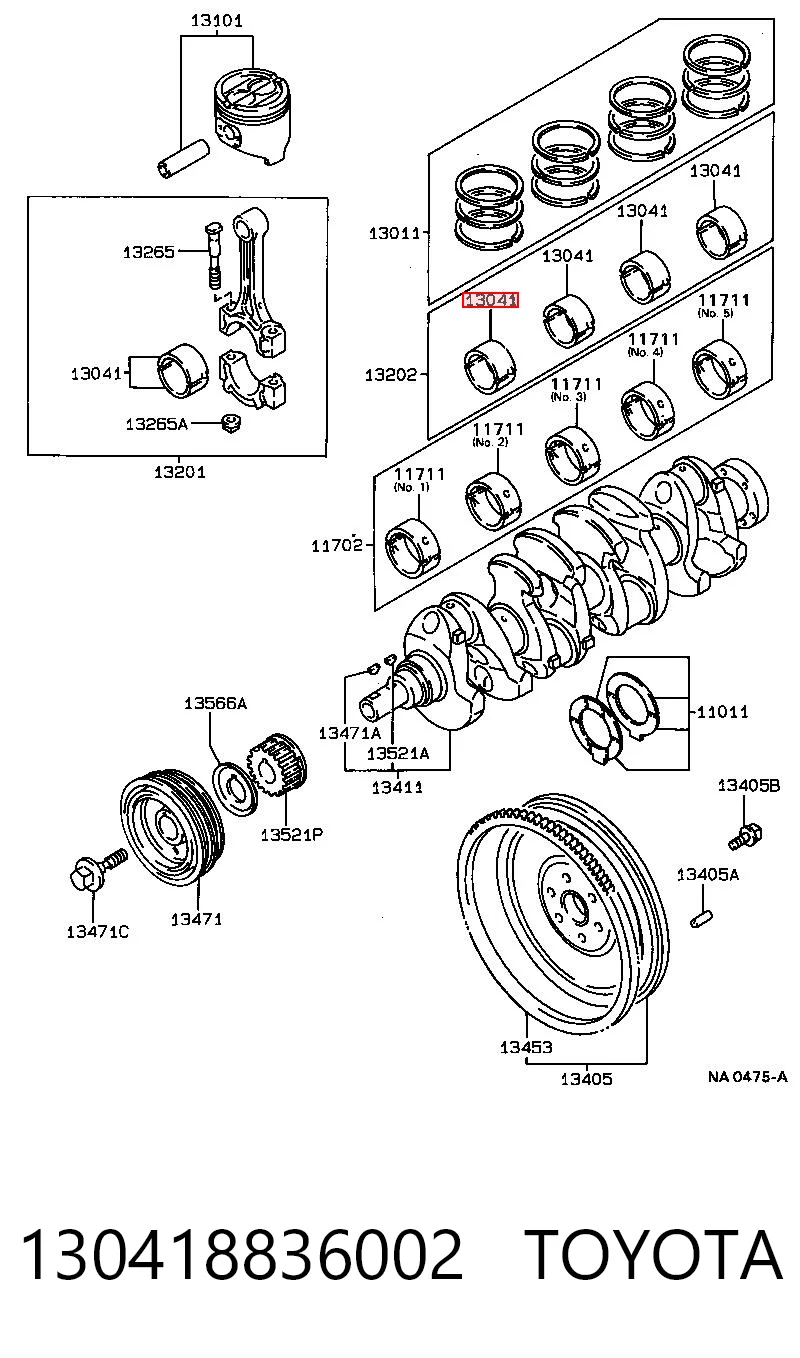 130418836002 Toyota Folhas inseridas principais de cambota, kit, 1ª reparação ( + 0,25)