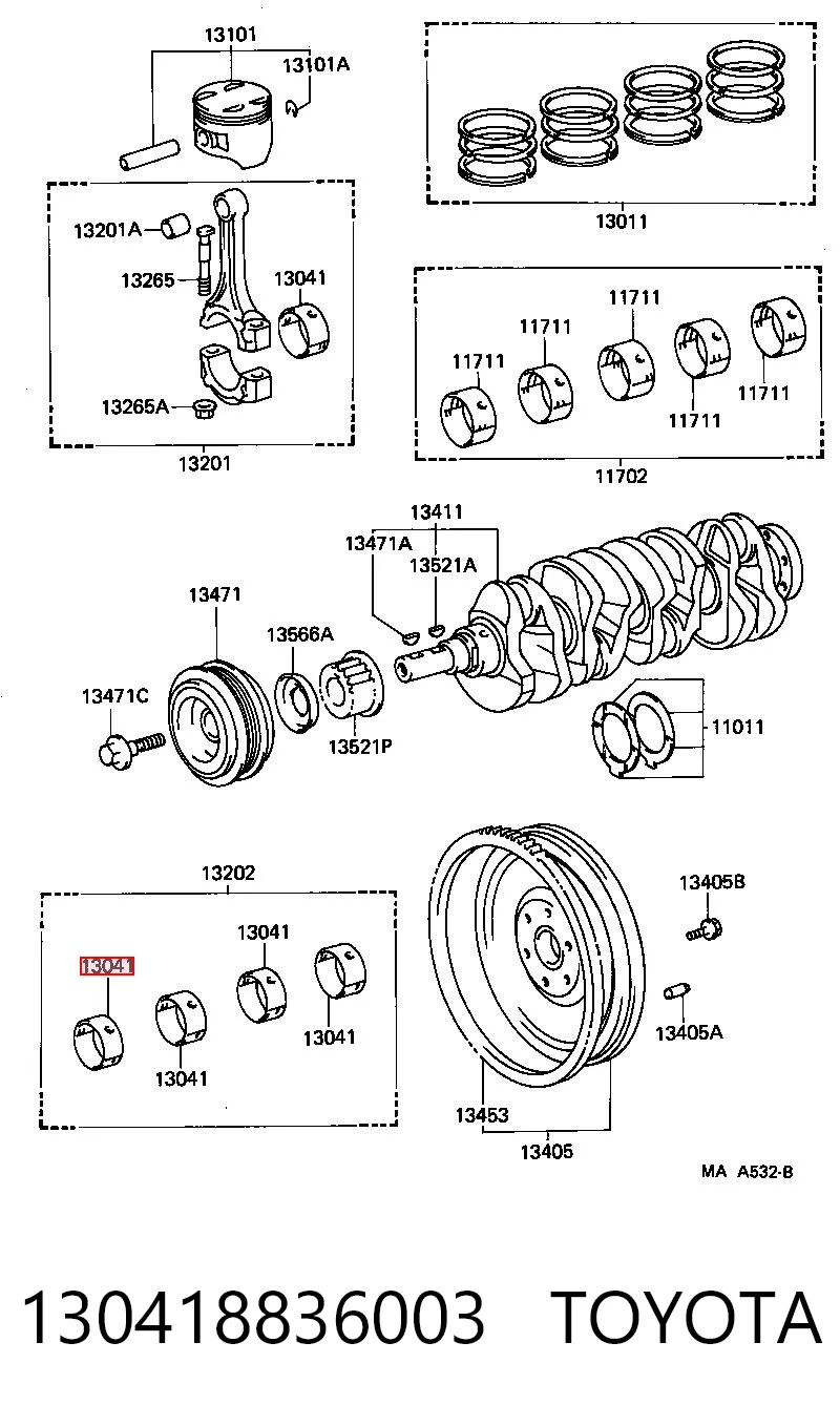 130418836003 Toyota Folhas inseridas principais de cambota, kit, 1ª reparação ( + 0,25)