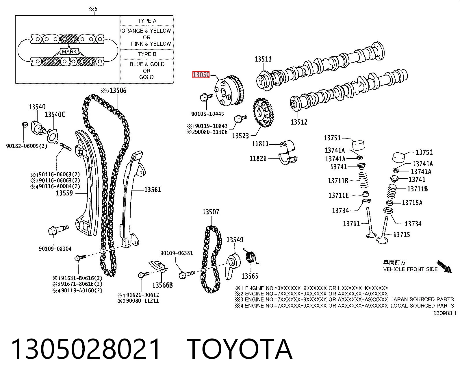 1305028021 Toyota Engrenagem de cadeia de roda dentada da árvore distribuidora de admissão de motor