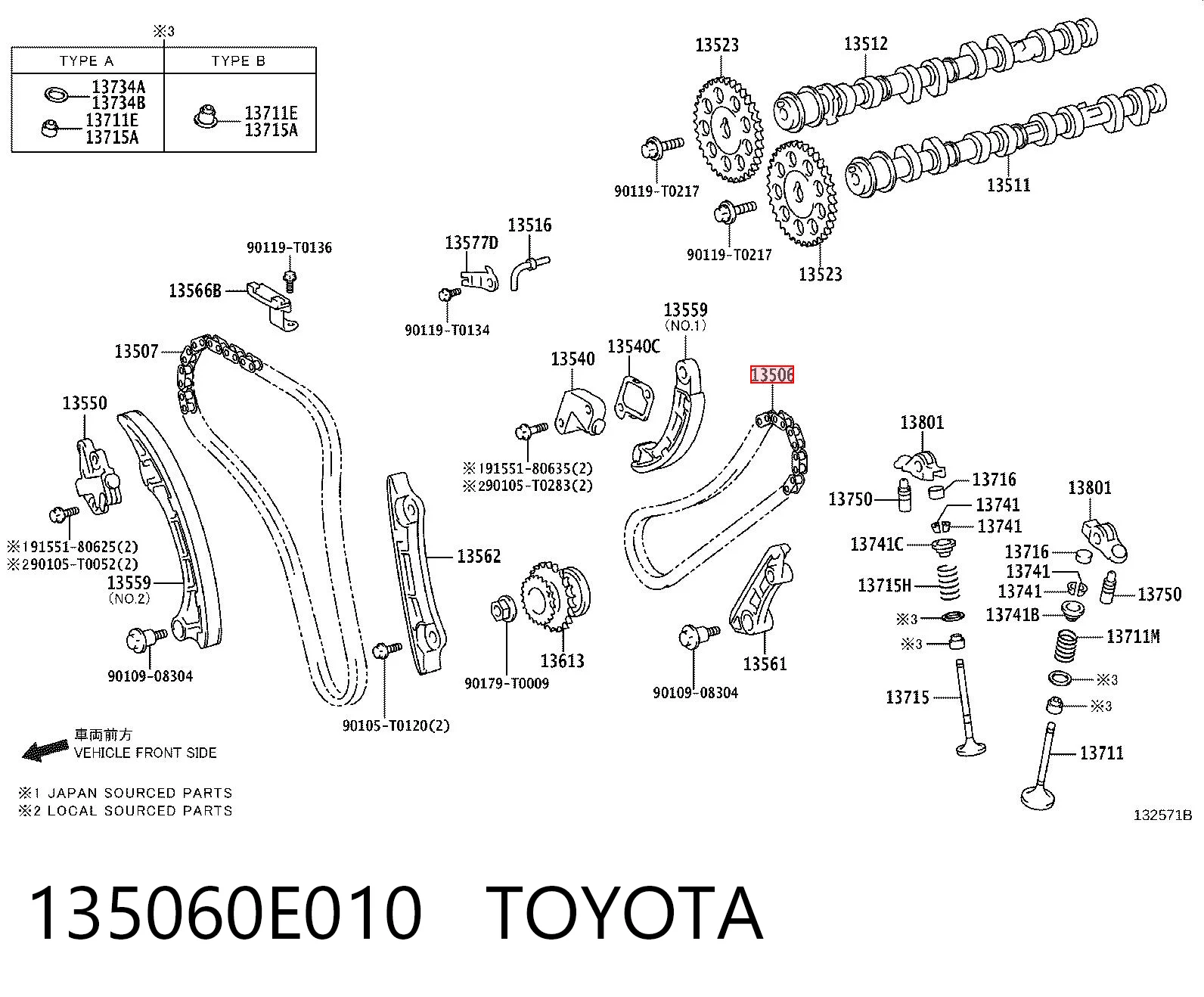 135060E010 Toyota Cadeia superior do mecanismo de distribuição de gás