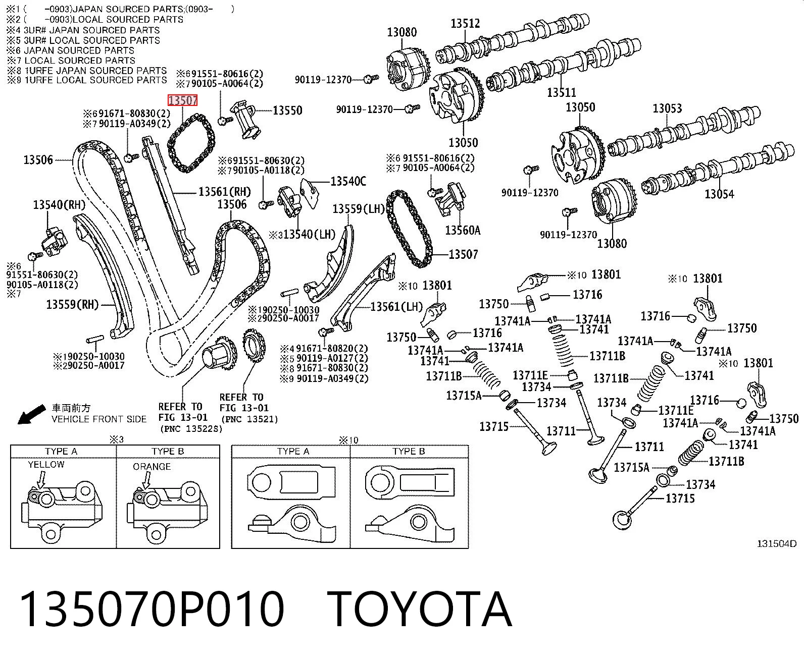 135070P010 Toyota Cadeia superior do mecanismo de distribuição de gás