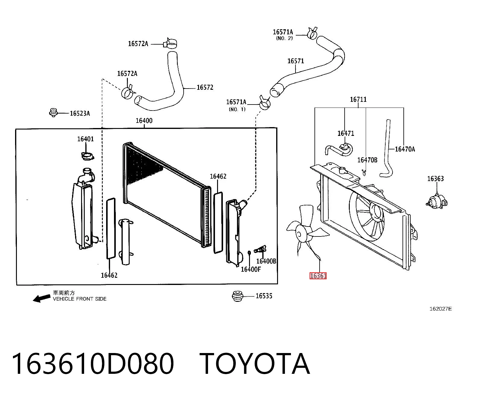 163610D080 Toyota Ventilador (roda de aletas) do radiador de esfriamento esquerdo