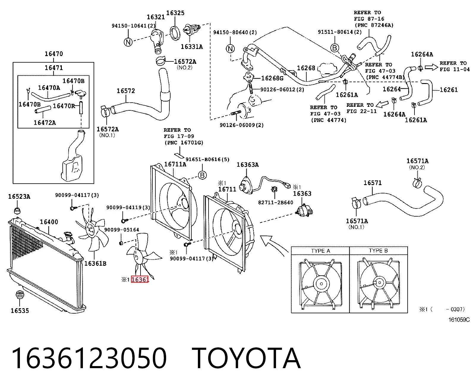 1636123050 Toyota Ventilador (roda de aletas) do radiador de esfriamento esquerdo