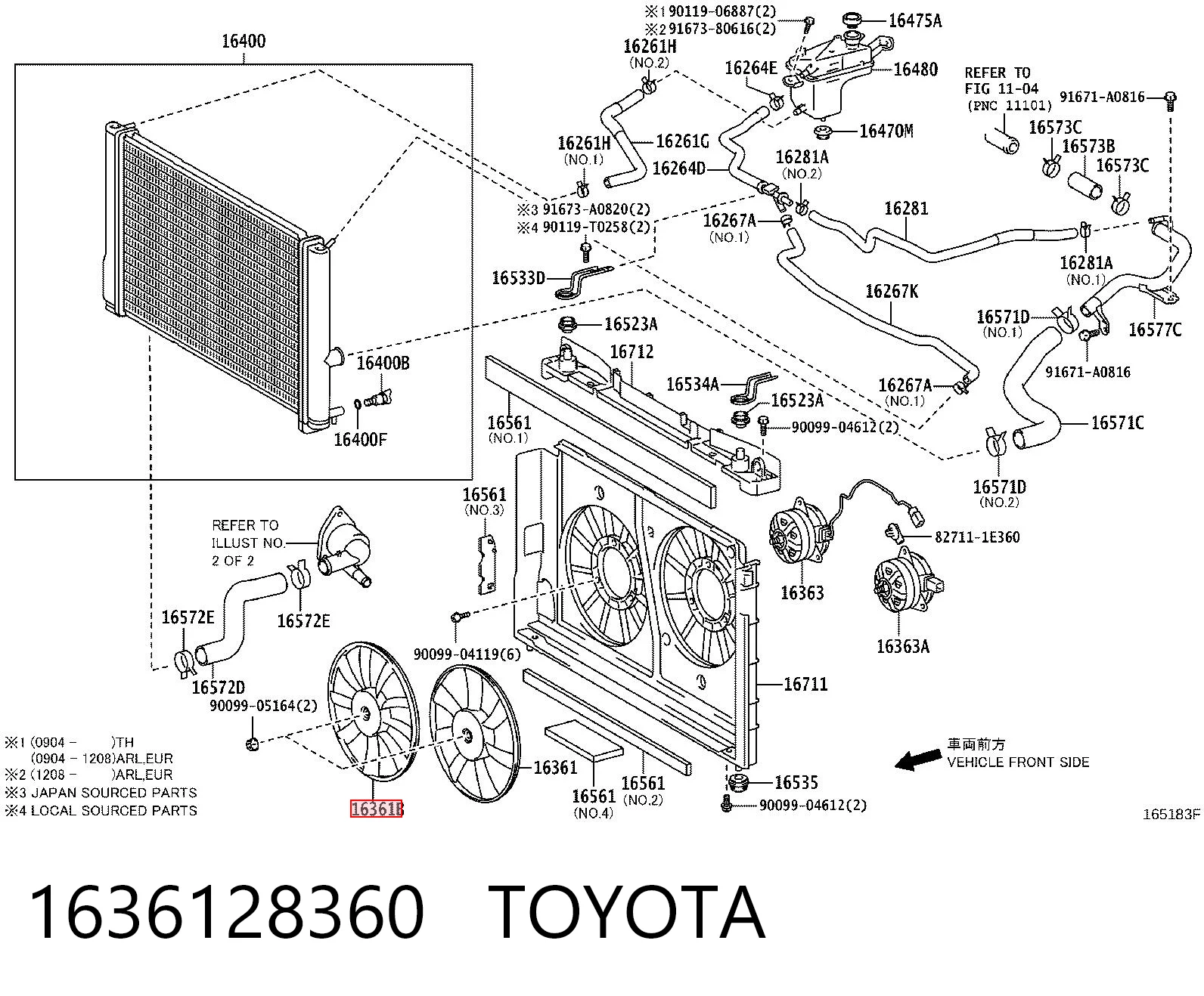 1636128360 Toyota Ventilador (roda de aletas) do radiador de esfriamento direito