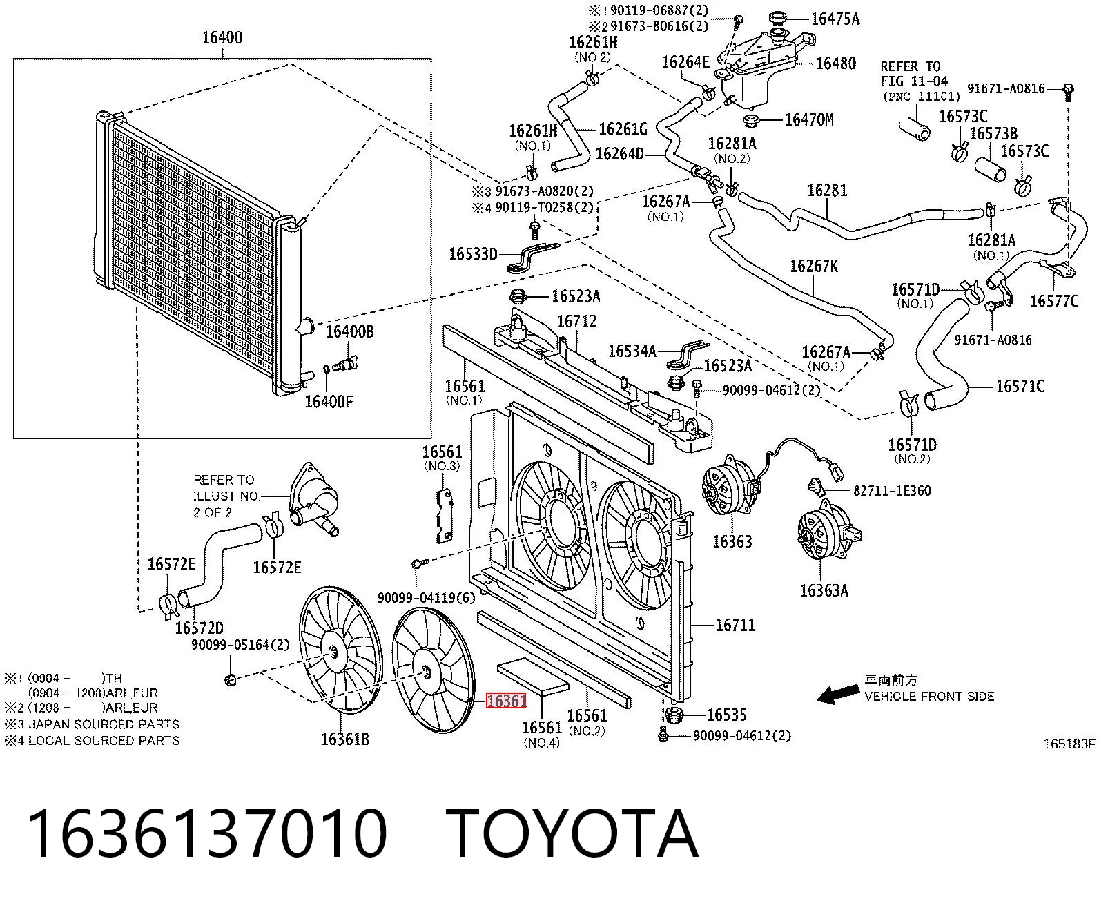 1636137010 Toyota Ventilador (roda de aletas) do radiador de esfriamento esquerdo