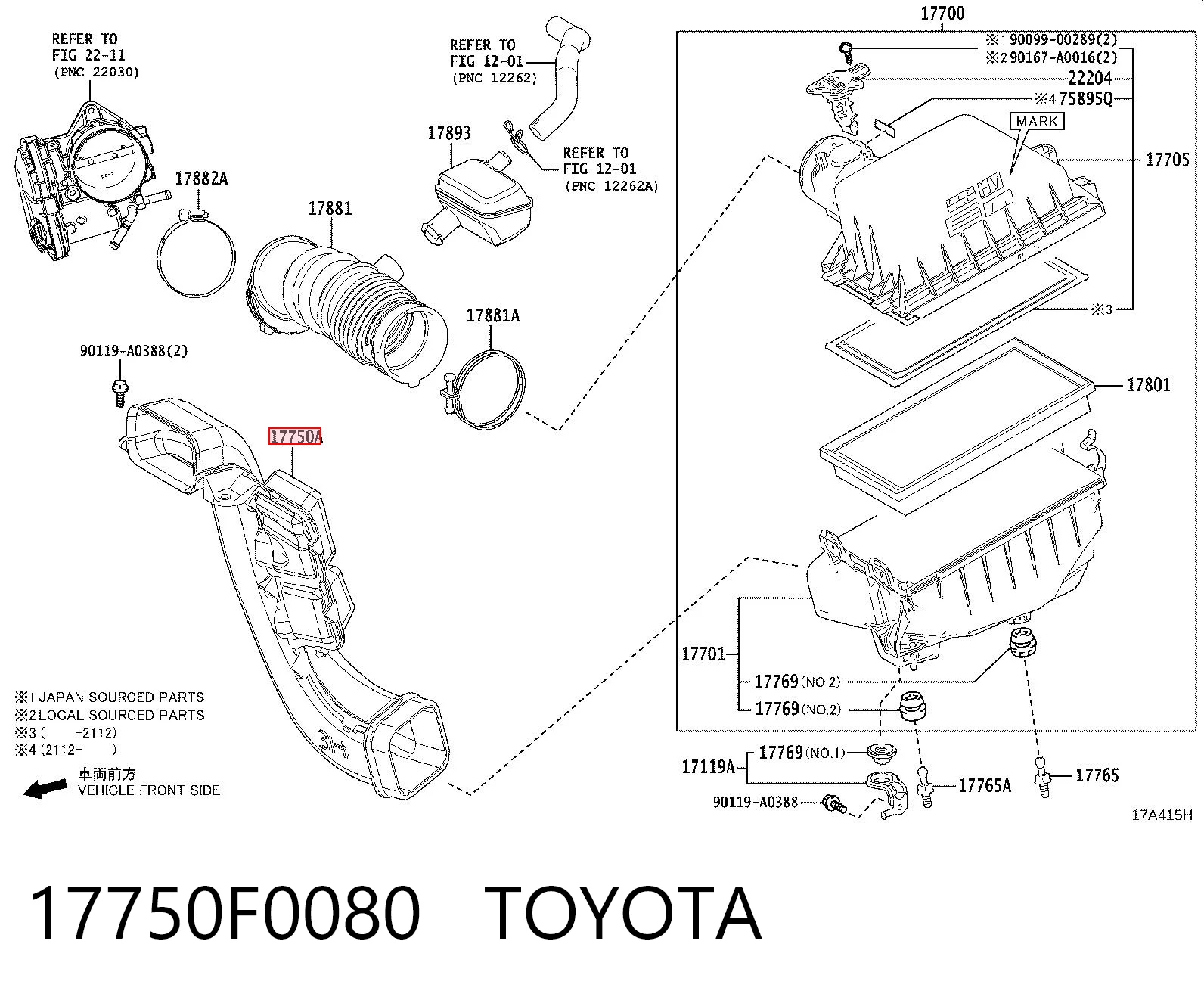 17750F0080 Toyota Tomada de ar de filtro de ar