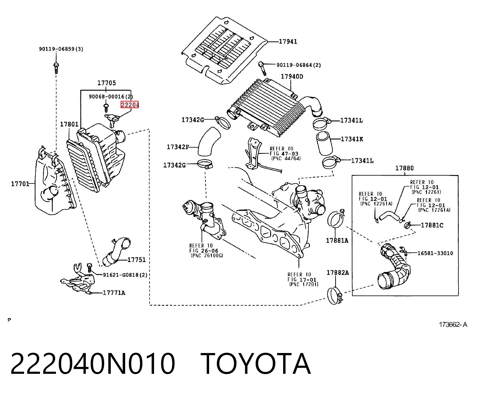 222040N010 Toyota Sensor de fluxo (consumo) de ar, medidor de consumo M.A.F. - (Mass Airflow)