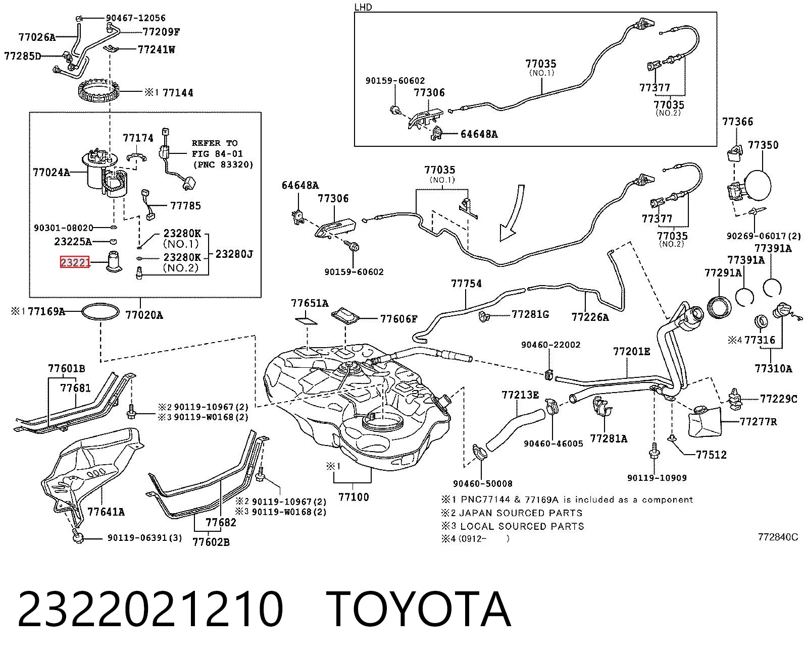 2322021210 Toyota Bomba de combustível elétrica submersível