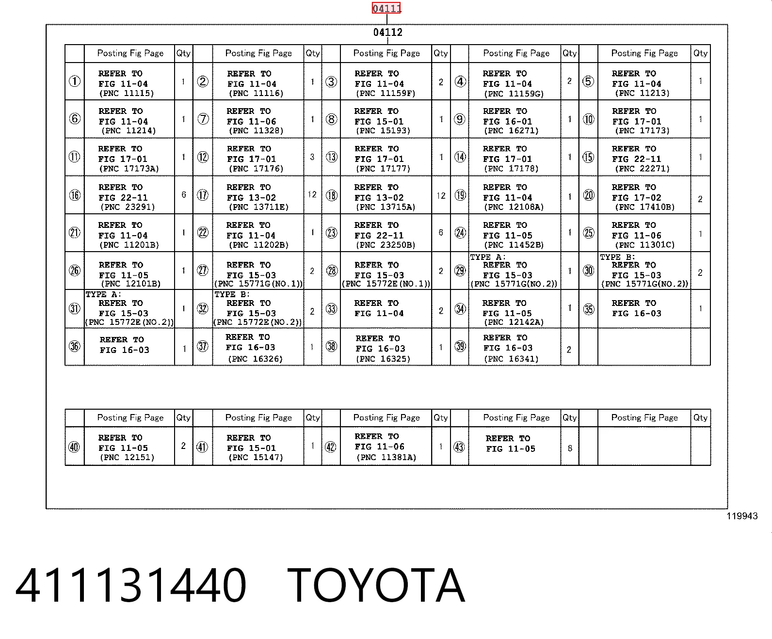 411131440 Toyota Kit de vedantes de motor completo