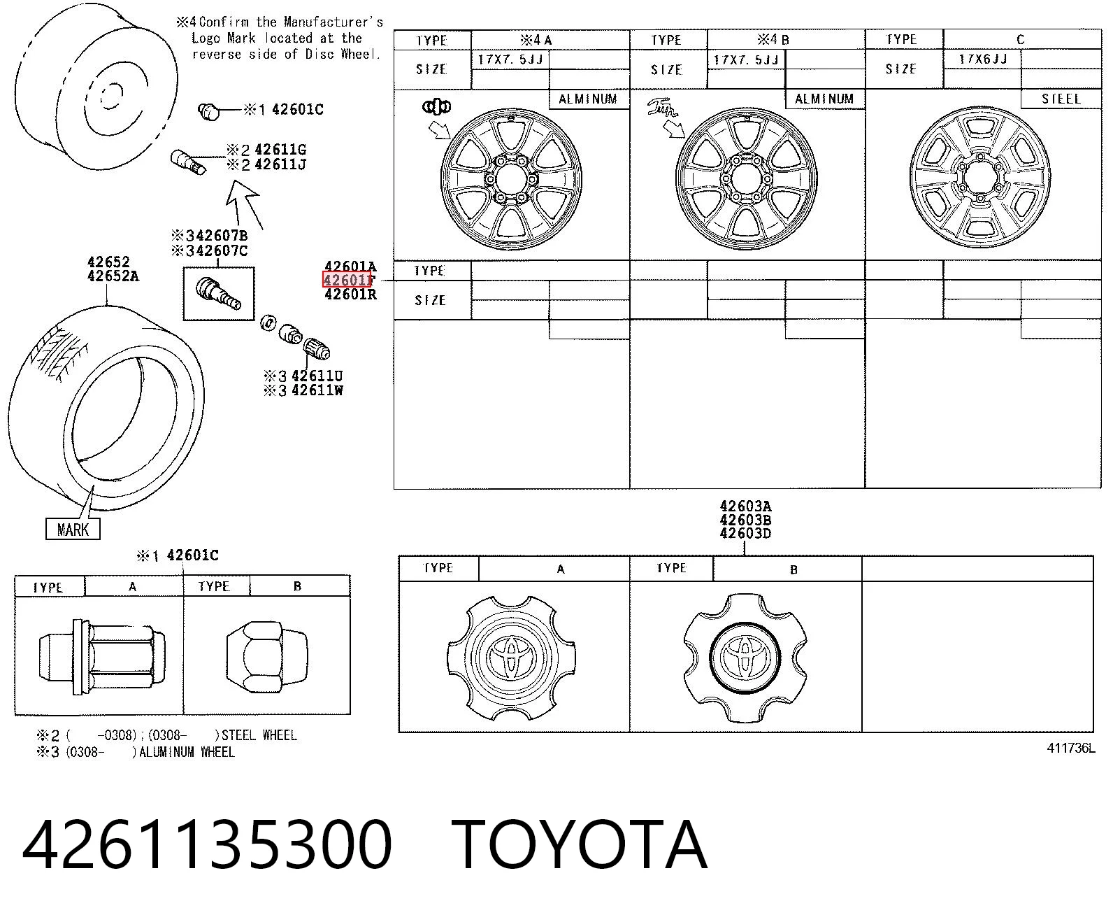 4261135300 Toyota Discos de roda de aleação ligeira (de aleação ligeira, de titânio)