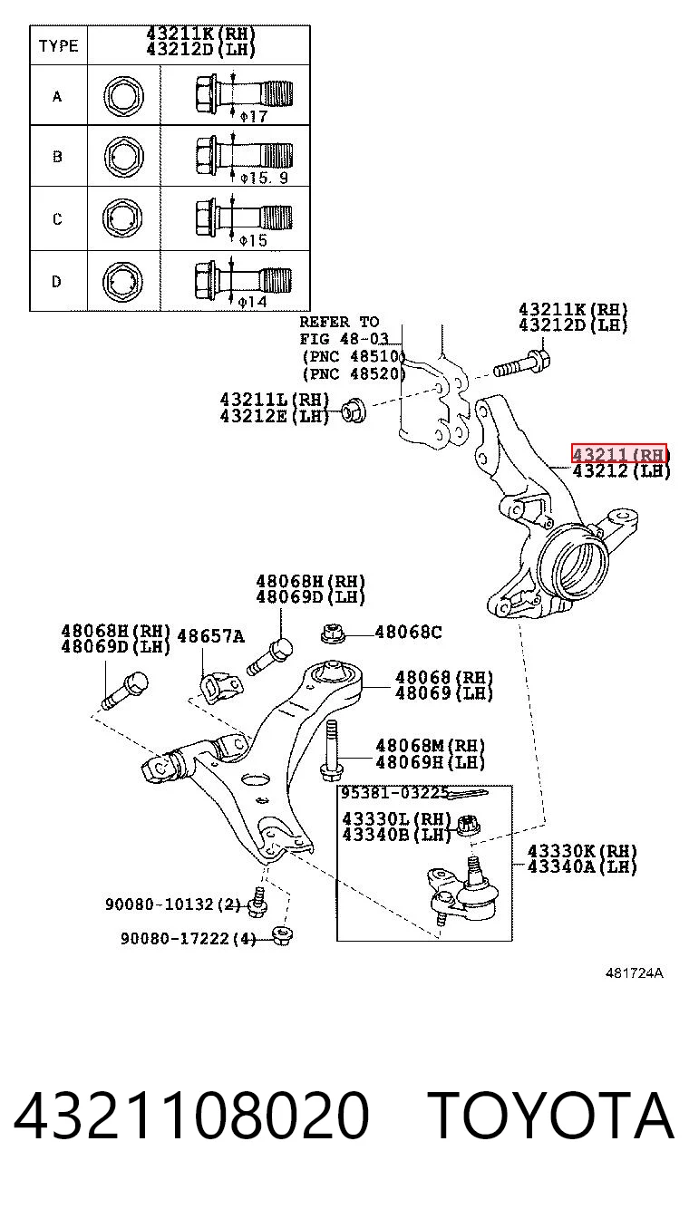 4321108020 Toyota Pino moente (extremidade do eixo) dianteiro direito