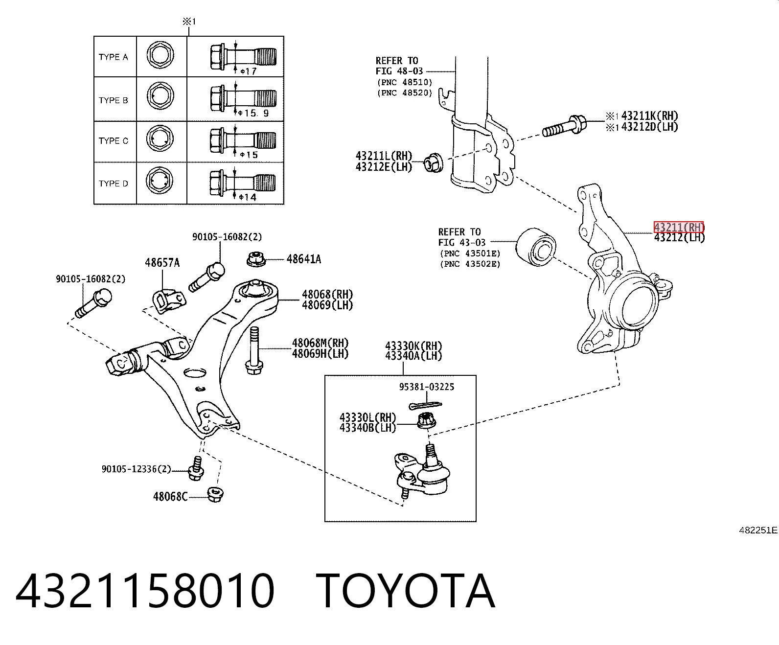 4321158010 Toyota Pino moente (extremidade do eixo) dianteiro direito