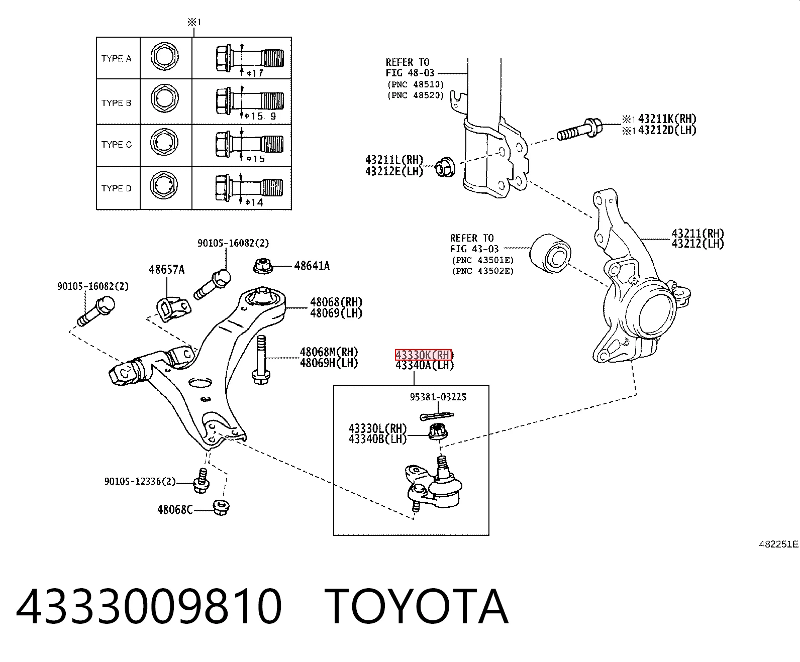 4333009810 Toyota Suporte de esfera inferior direito