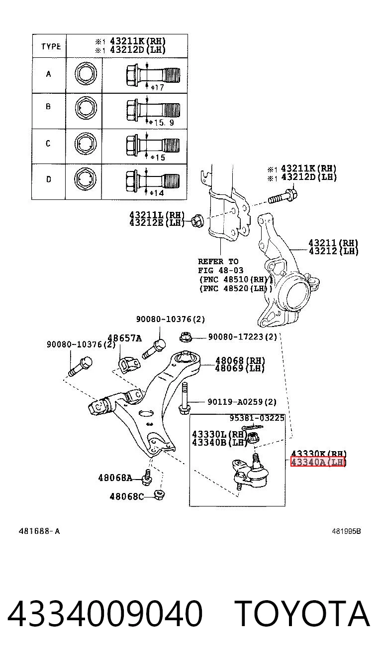 4334009040 Toyota Suporte de esfera inferior esquerdo