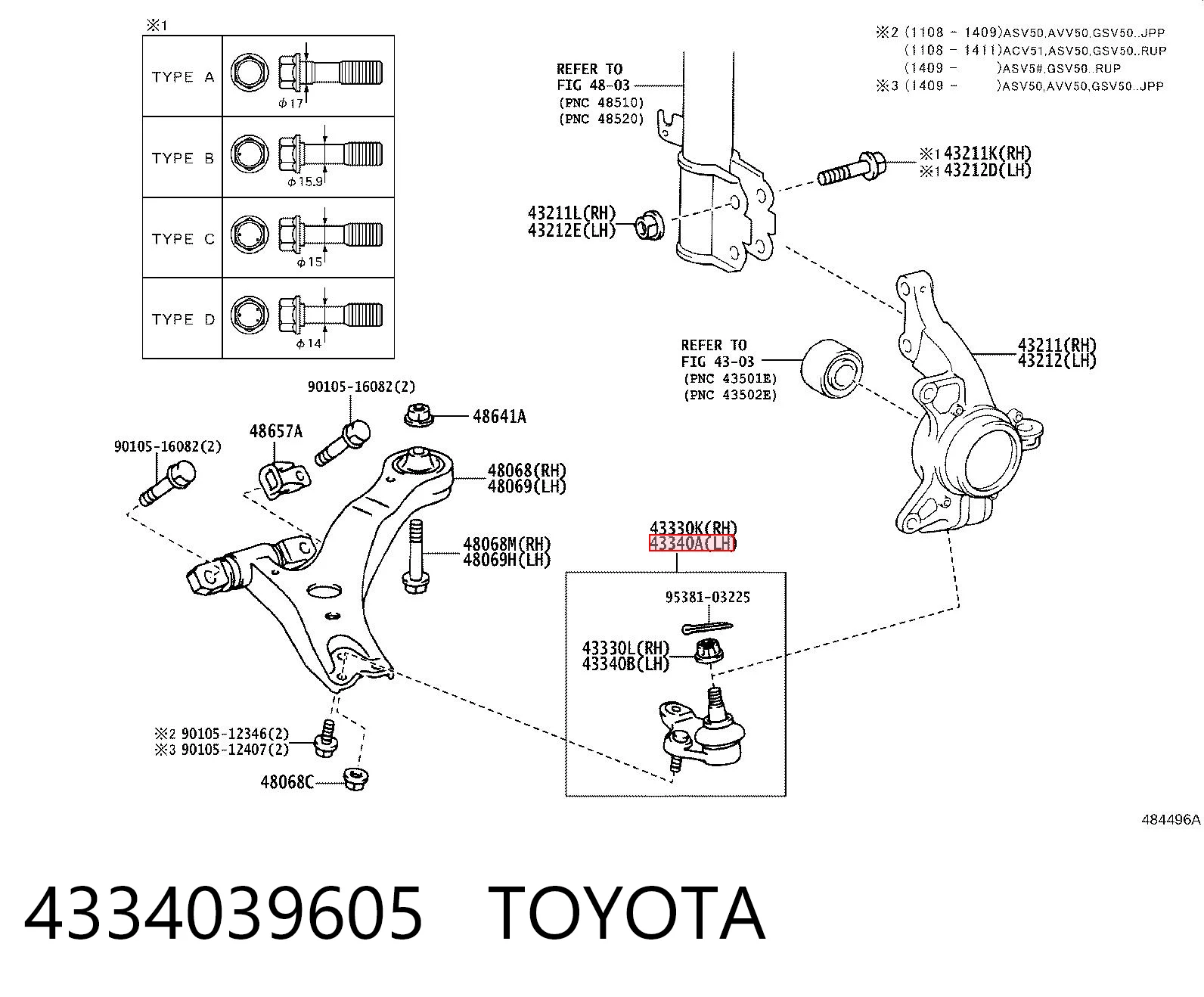 4334039605 Toyota Suporte de esfera inferior esquerdo
