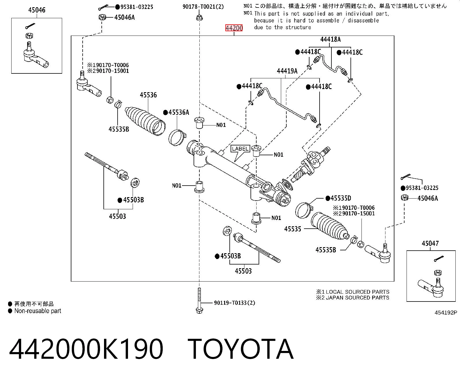 442000K190 Toyota Cremalheira da direção
