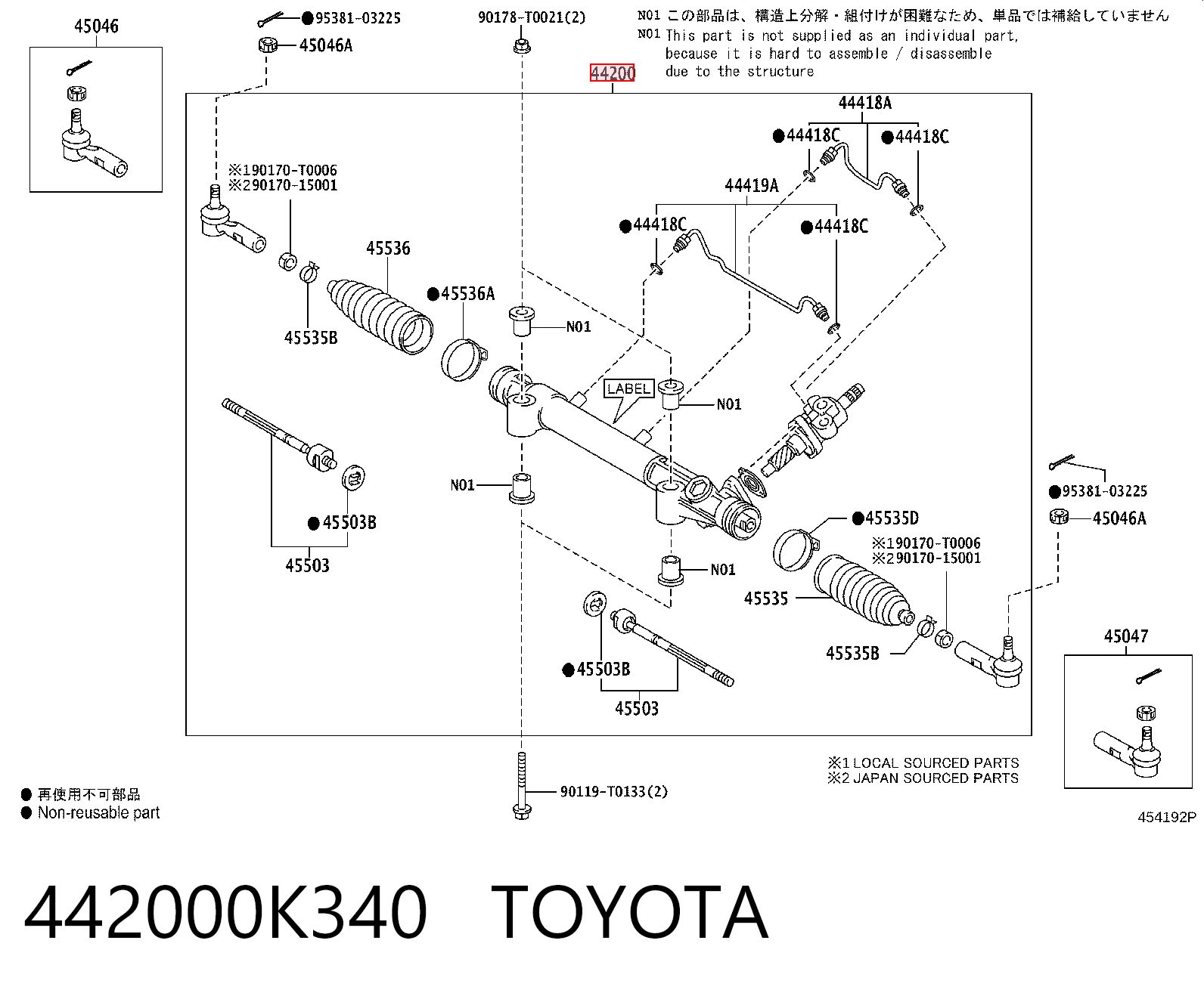 442000K340 Toyota Cremalheira da direção
