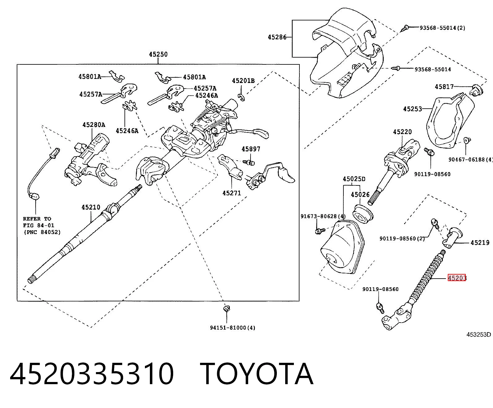 4520335310 Toyota Junta universal inferior da árvore da coluna de direção