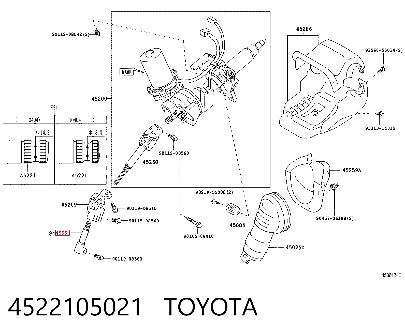 4522105021 Toyota Veio da coluna de direção inferior