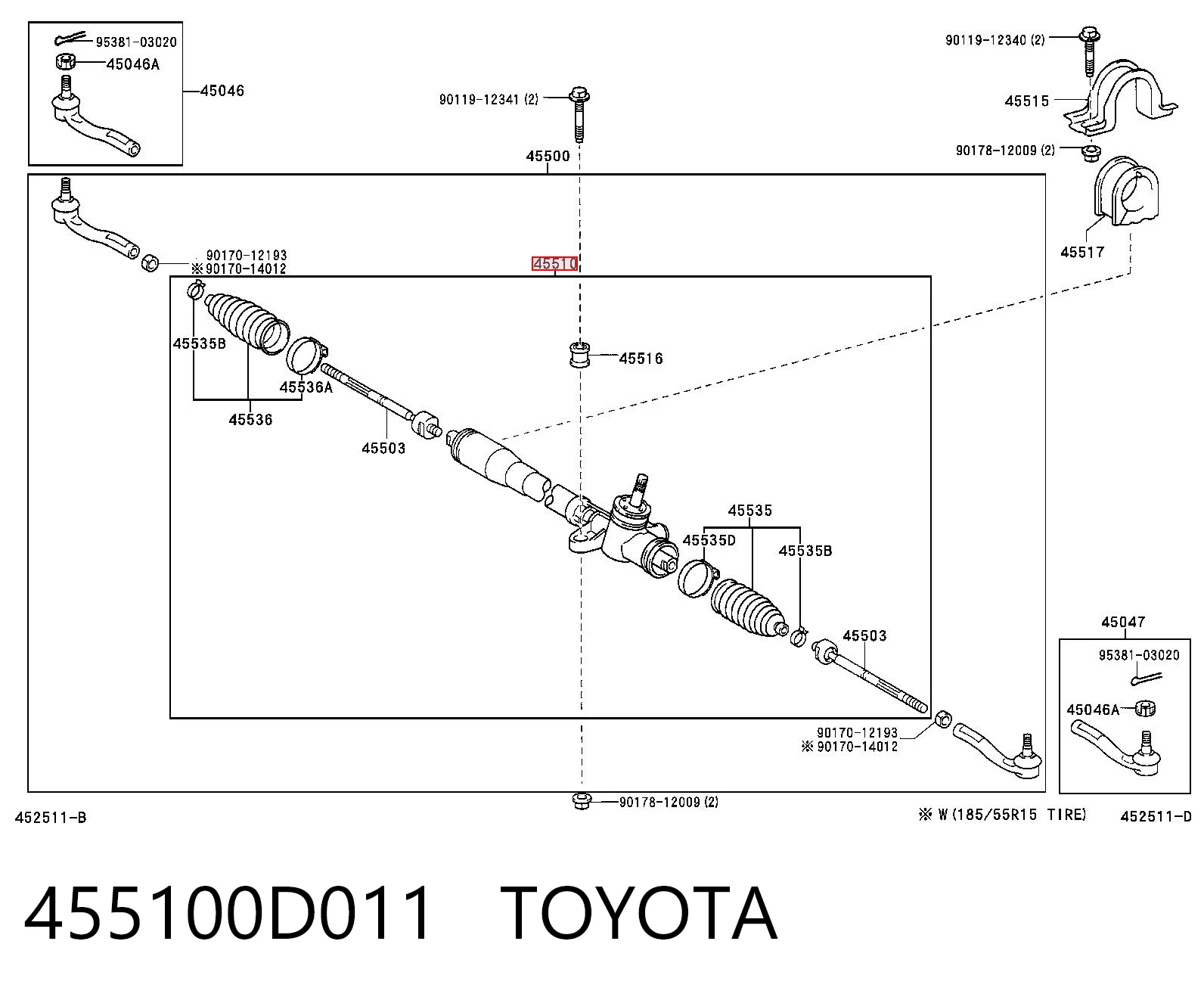 455100D011 Toyota Cremalheira da direção