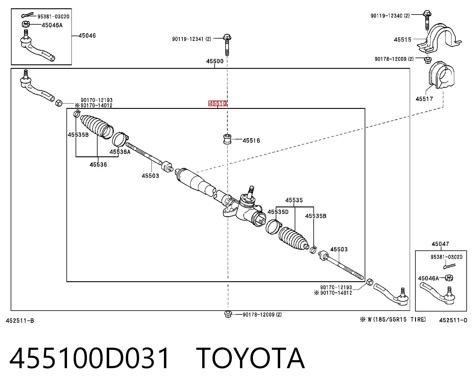 455100D031 Toyota Cremalheira da direção