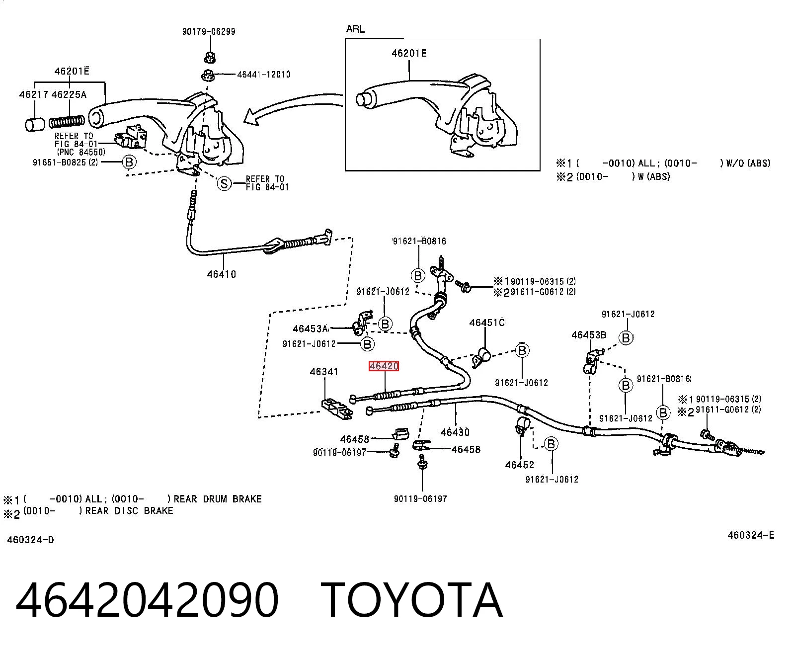 4642042090 Toyota Cabo do freio de estacionamento traseiro direito