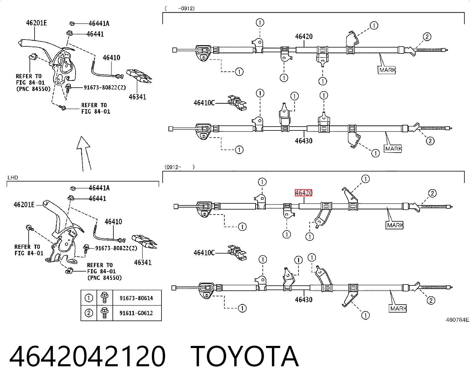 4642042120 Toyota Cabo do freio de estacionamento traseiro direito