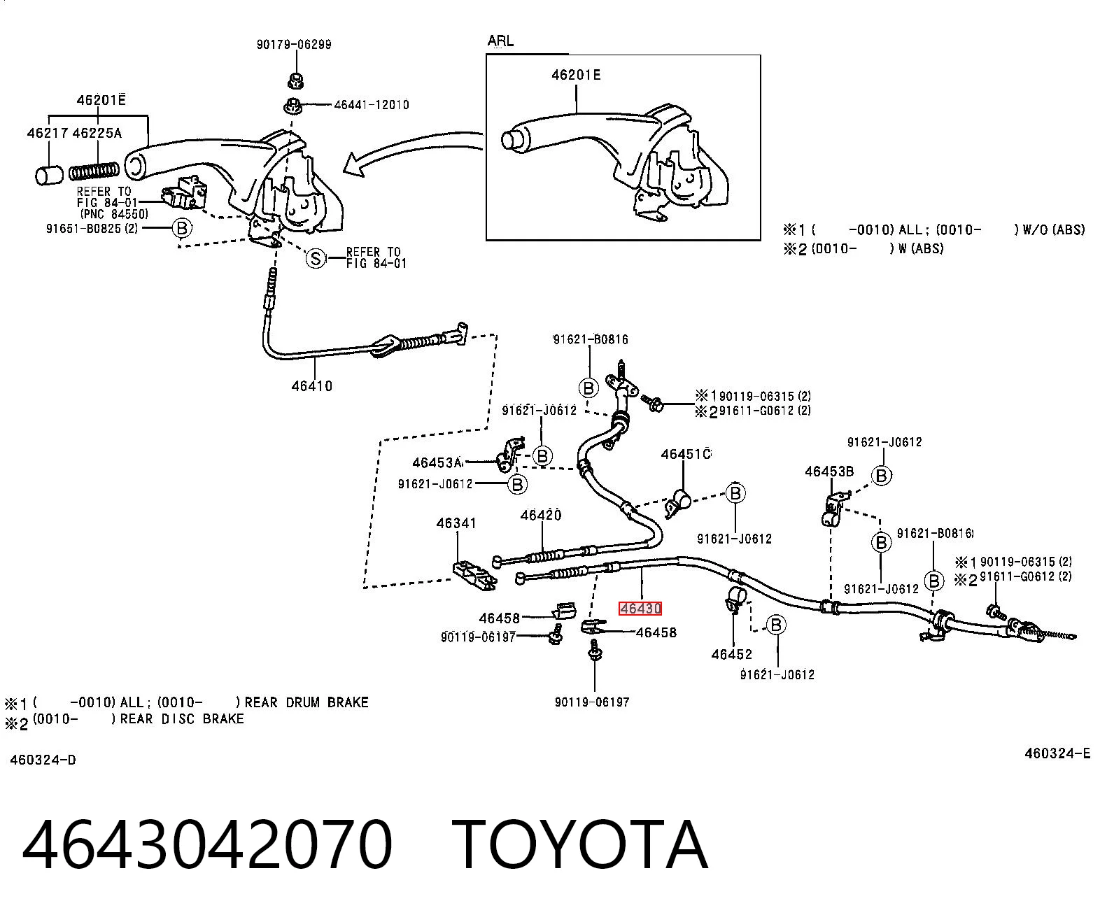 4643042070 Toyota Cabo do freio de estacionamento traseiro esquerdo