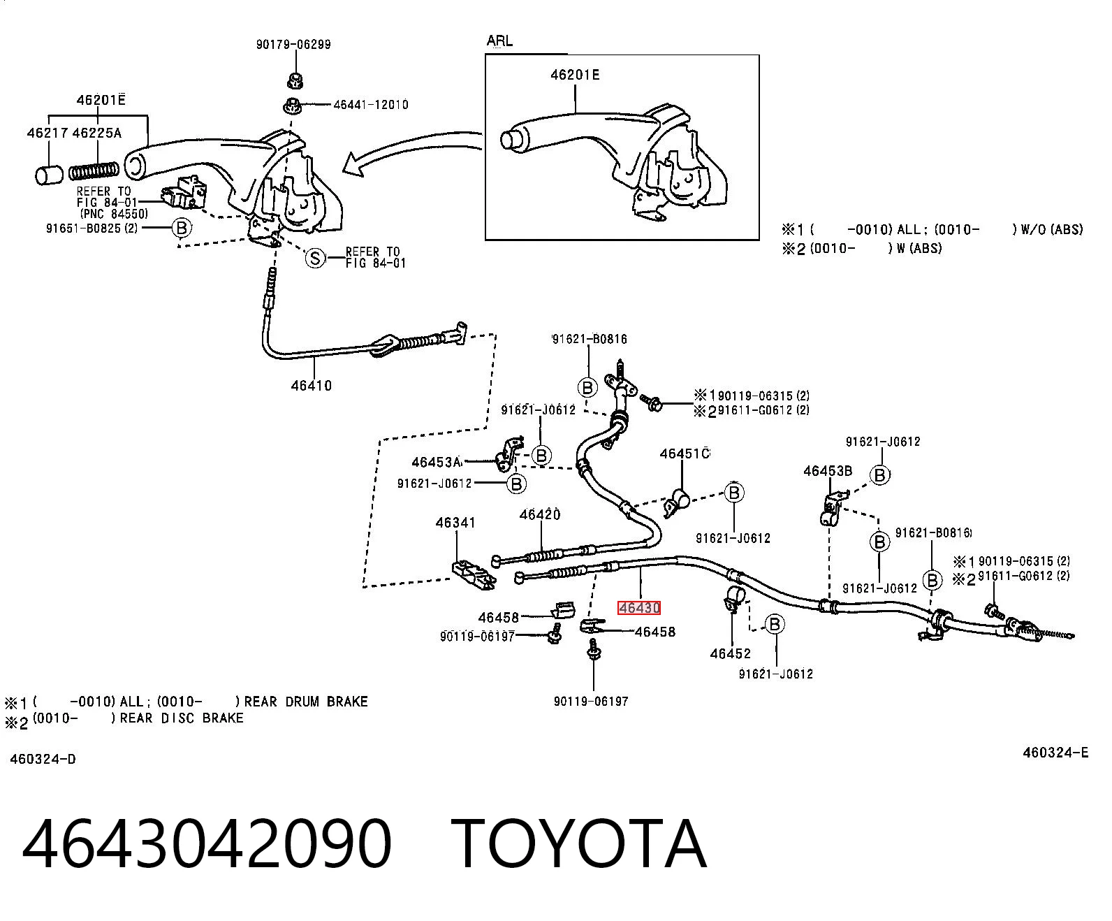 4643042090 Toyota Cabo do freio de estacionamento traseiro esquerdo