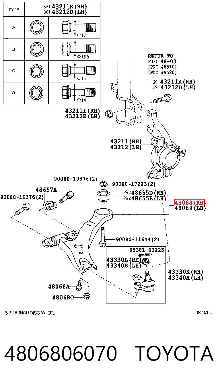 4806806070 Toyota Braço oscilante inferior direito de suspensão dianteira