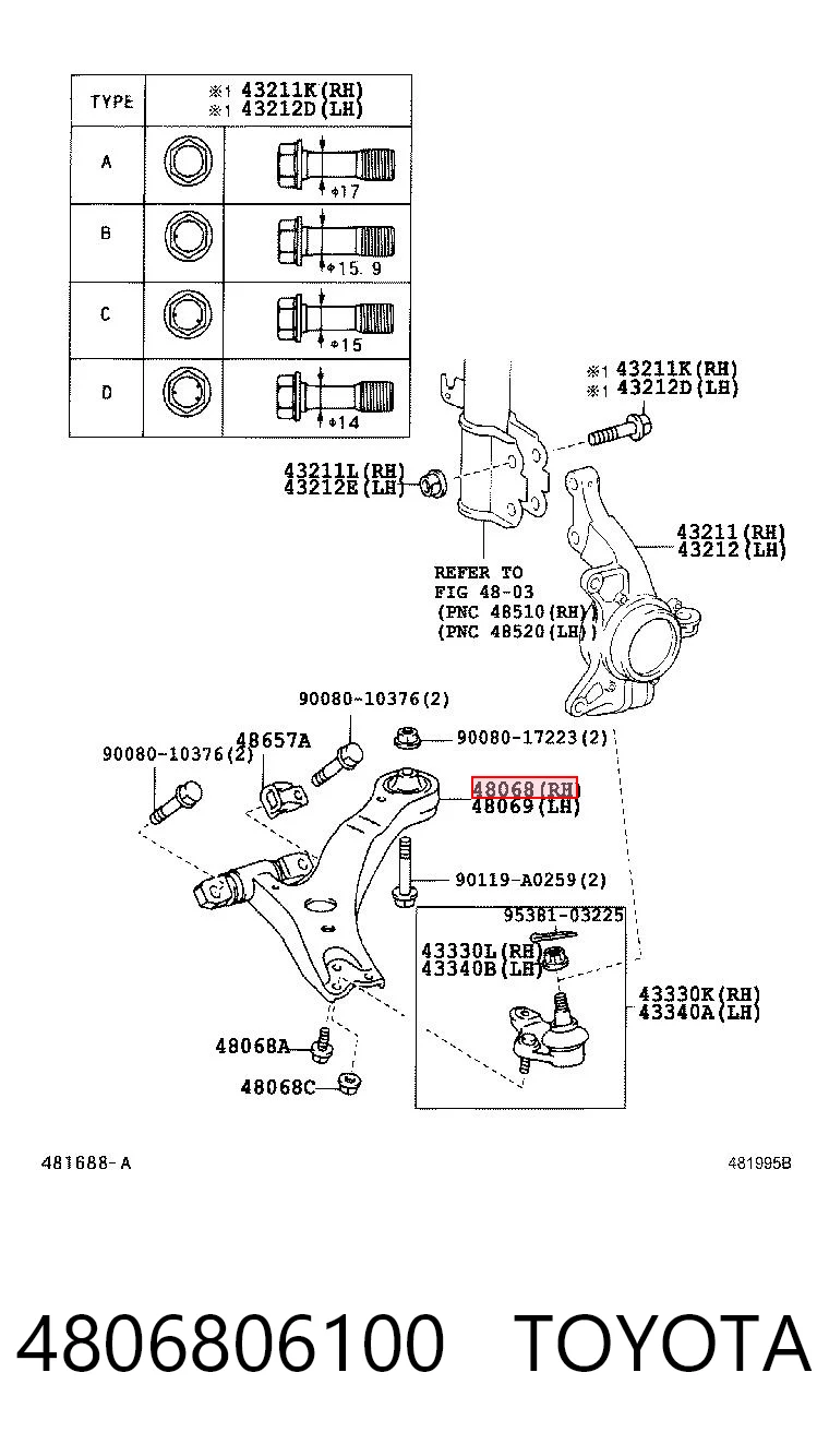 4806806100 Toyota Braço oscilante inferior direito de suspensão dianteira