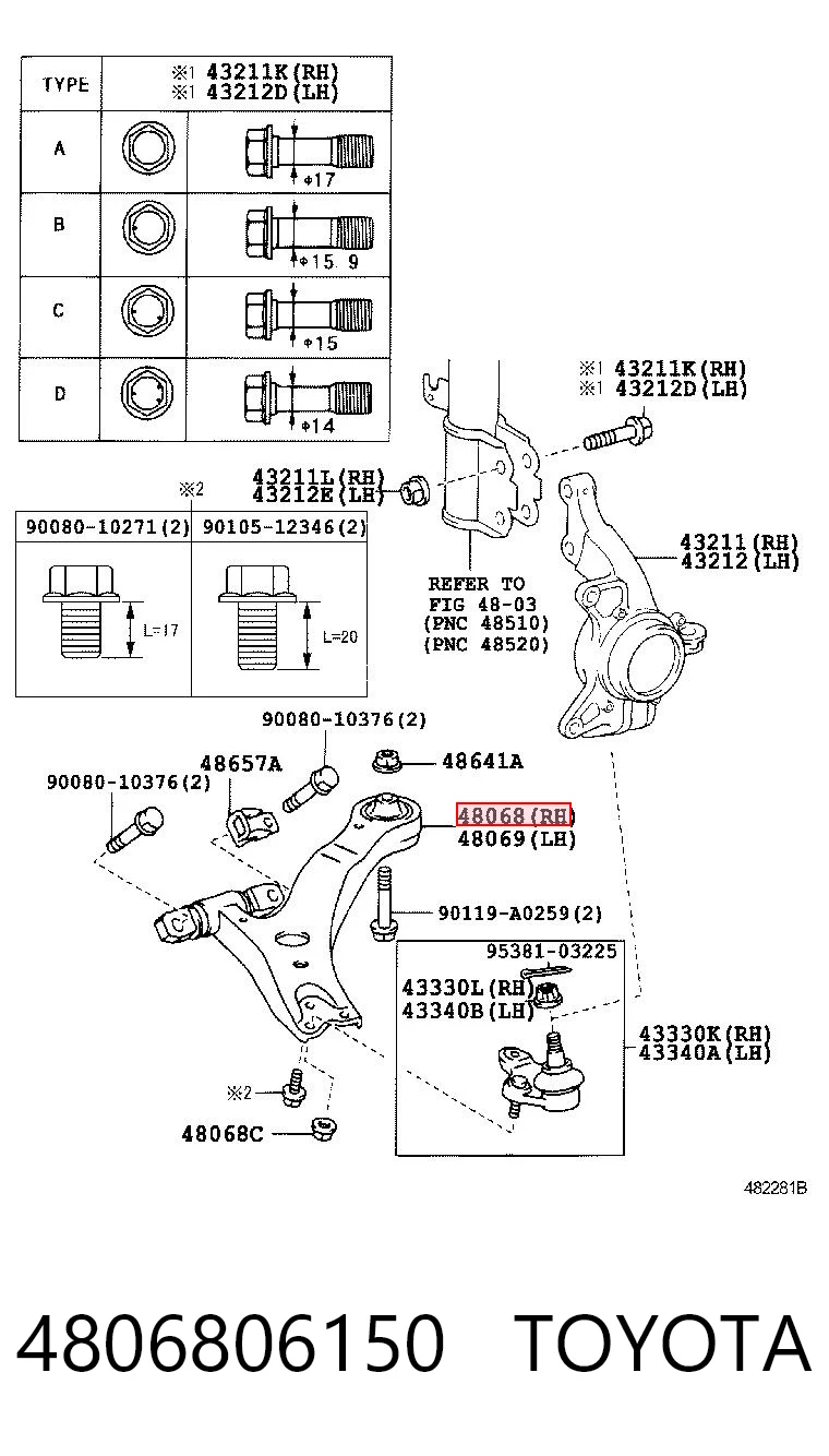 4806806150 Toyota Braço oscilante inferior direito de suspensão dianteira