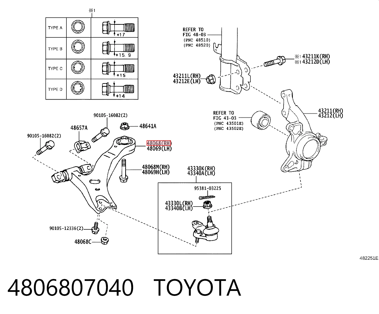 4806807040 Toyota Braço oscilante inferior direito de suspensão dianteira
